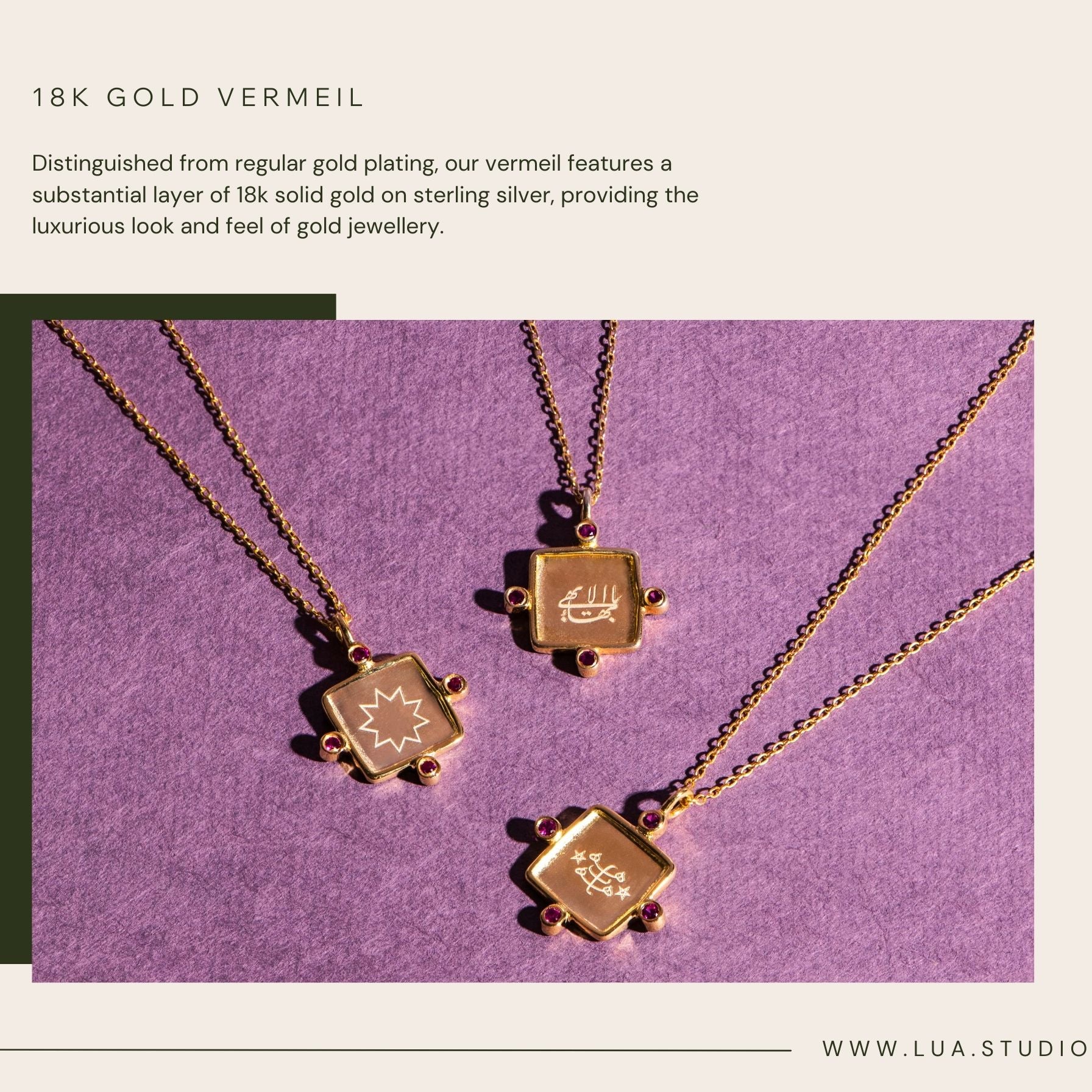 Gold bahai necklaces with square pendants on a purple background, featuring text about 18K gold vermeil.