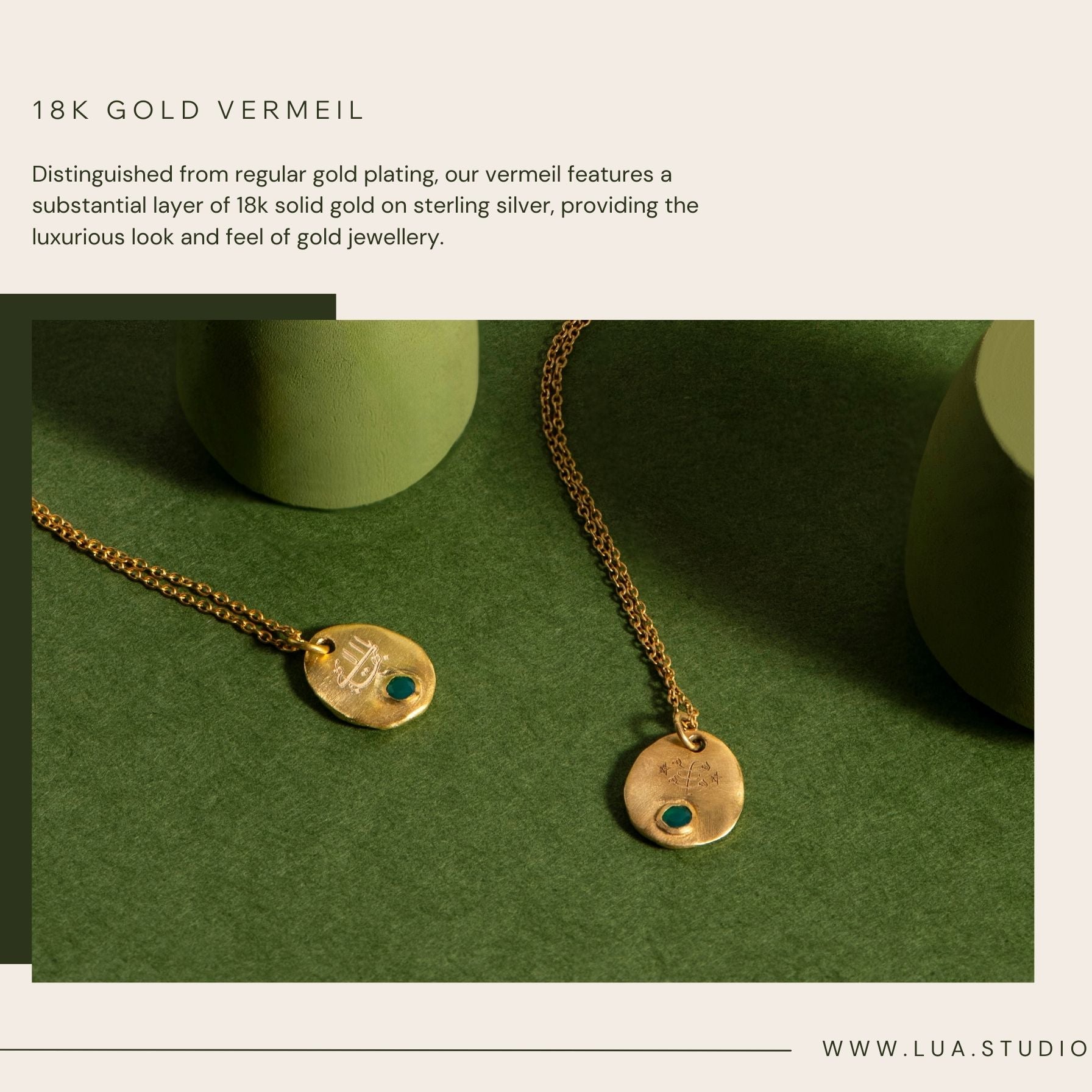Gold vermeil bahai necklaces with green gemstones on a green background
