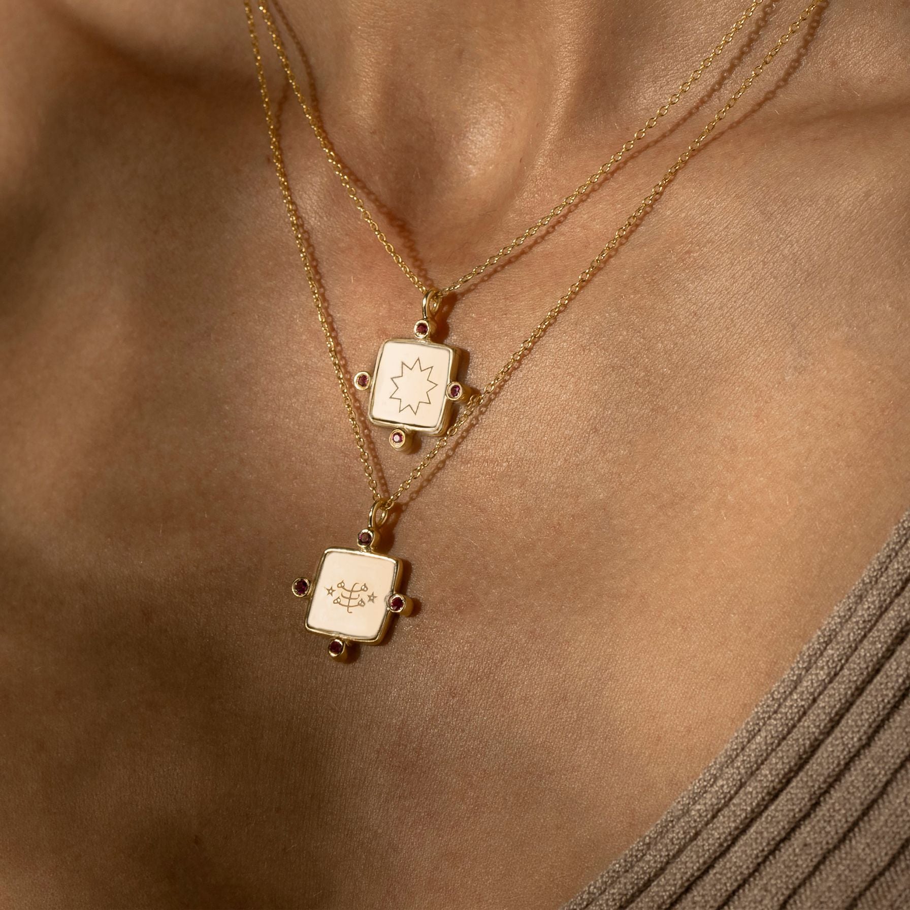 Square Pink Ruby Zircons Necklace Gold Vermeil — Nine Pointed Star
