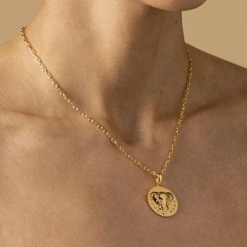 A person wearing a Kindness Elephant Necklace with a detailed pendant featuring an embossed elephant design, radiating elegance and intelligence.